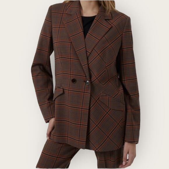 French Connection | Plaid Double-Breasted Blazer | Brown | Size 2 US - Picture 1 of 14